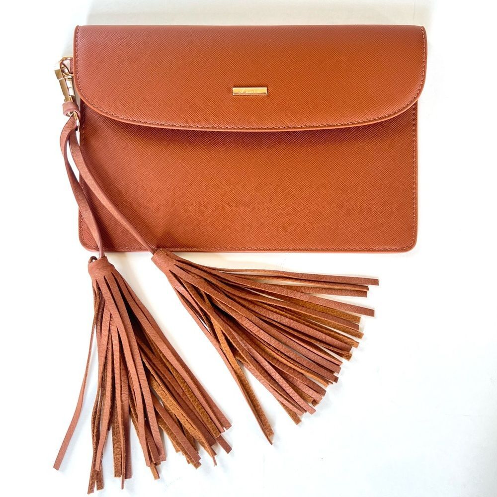 Loveook Cognac Brown Vegan Detachable Tassel Textured Snap Wristlet Clutch